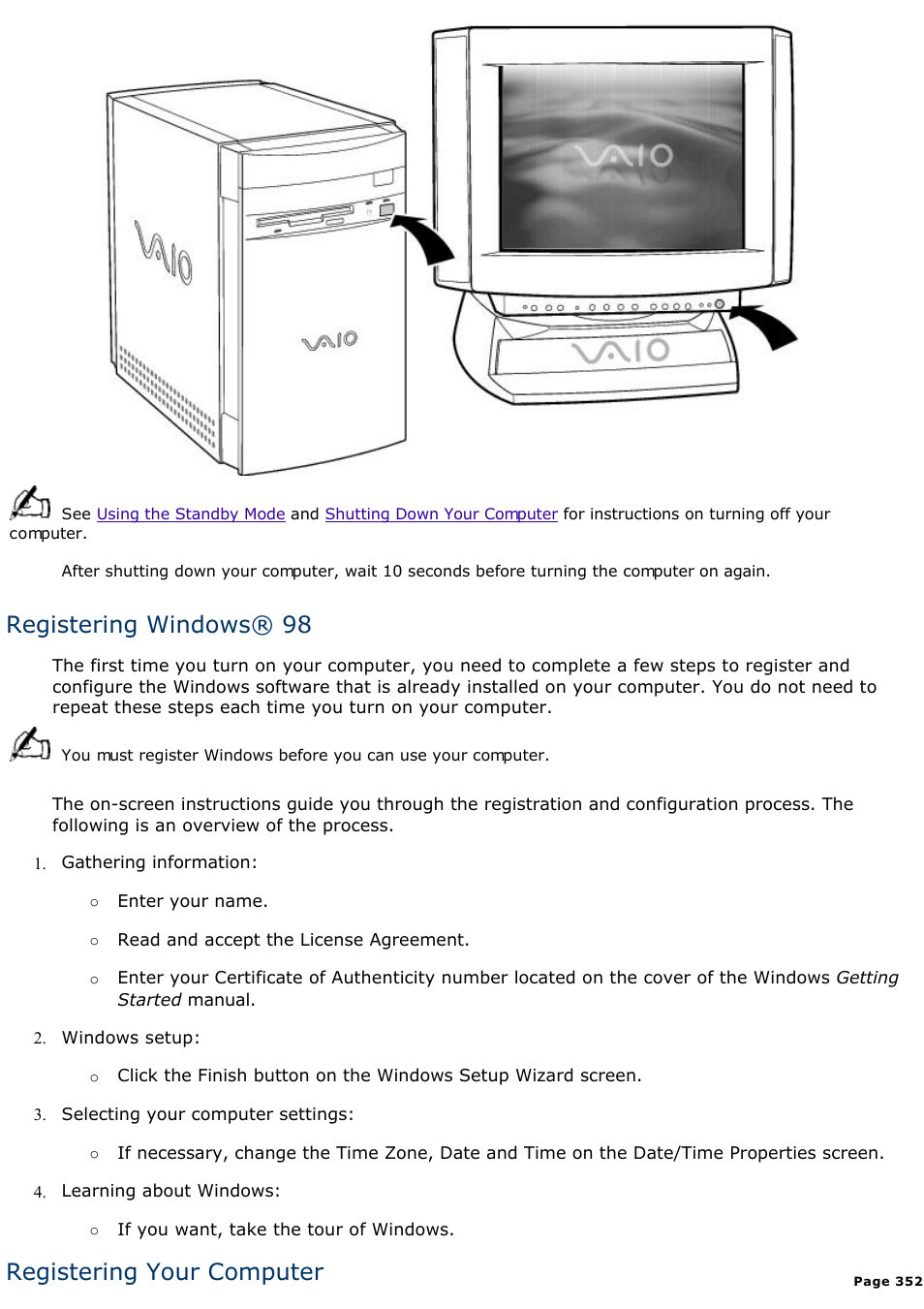 Registering windows® 98, Registering your computer | Sony PCV-E302DS User Manual | Page 352 / 1141