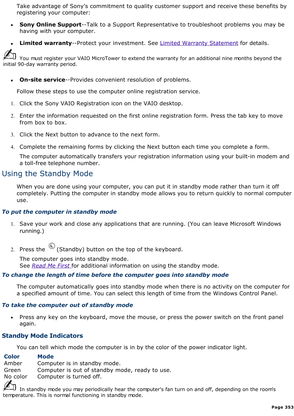 Using the standby mode | Sony PCV-E302DS User Manual | Page 353 / 1141