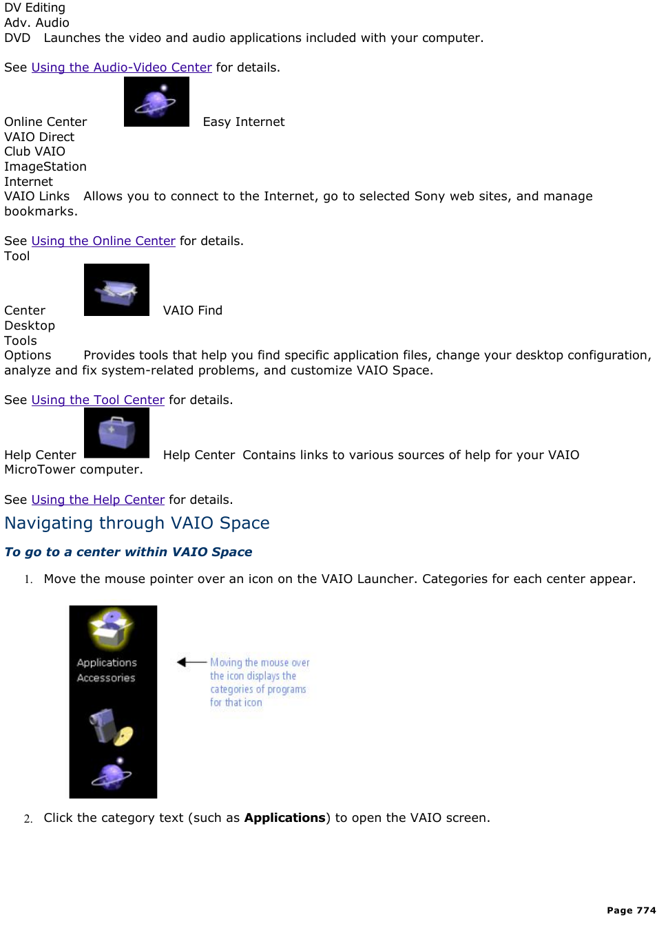 Navigating through vaio space | Sony PCV-E302DS User Manual | Page 774 / 1141