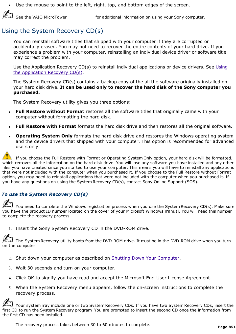 Using the system recovery cd(s) | Sony PCV-E302DS User Manual | Page 851 / 1141