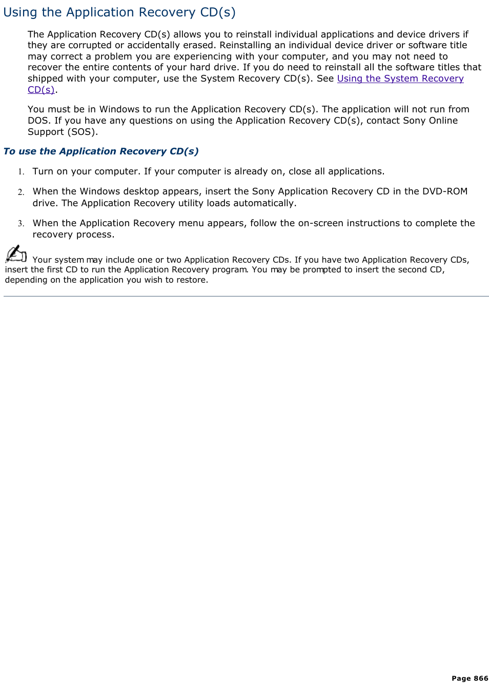 Using the application recovery cd(s) | Sony PCV-E302DS User Manual | Page 866 / 1141