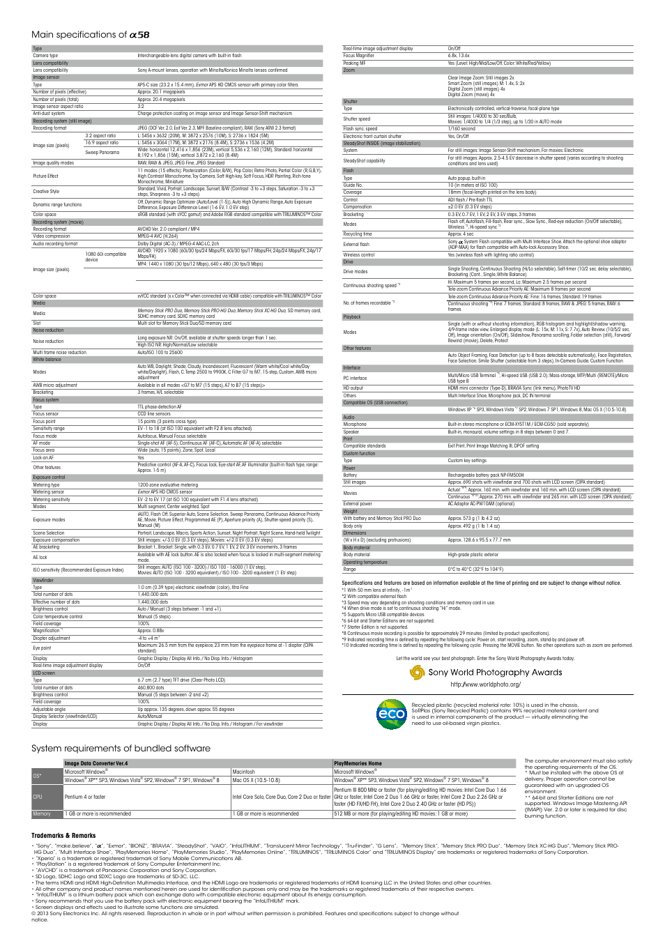 Main specifications of, System requirements of bundled software | Sony SLT-A58 User Manual | Page 16 / 16