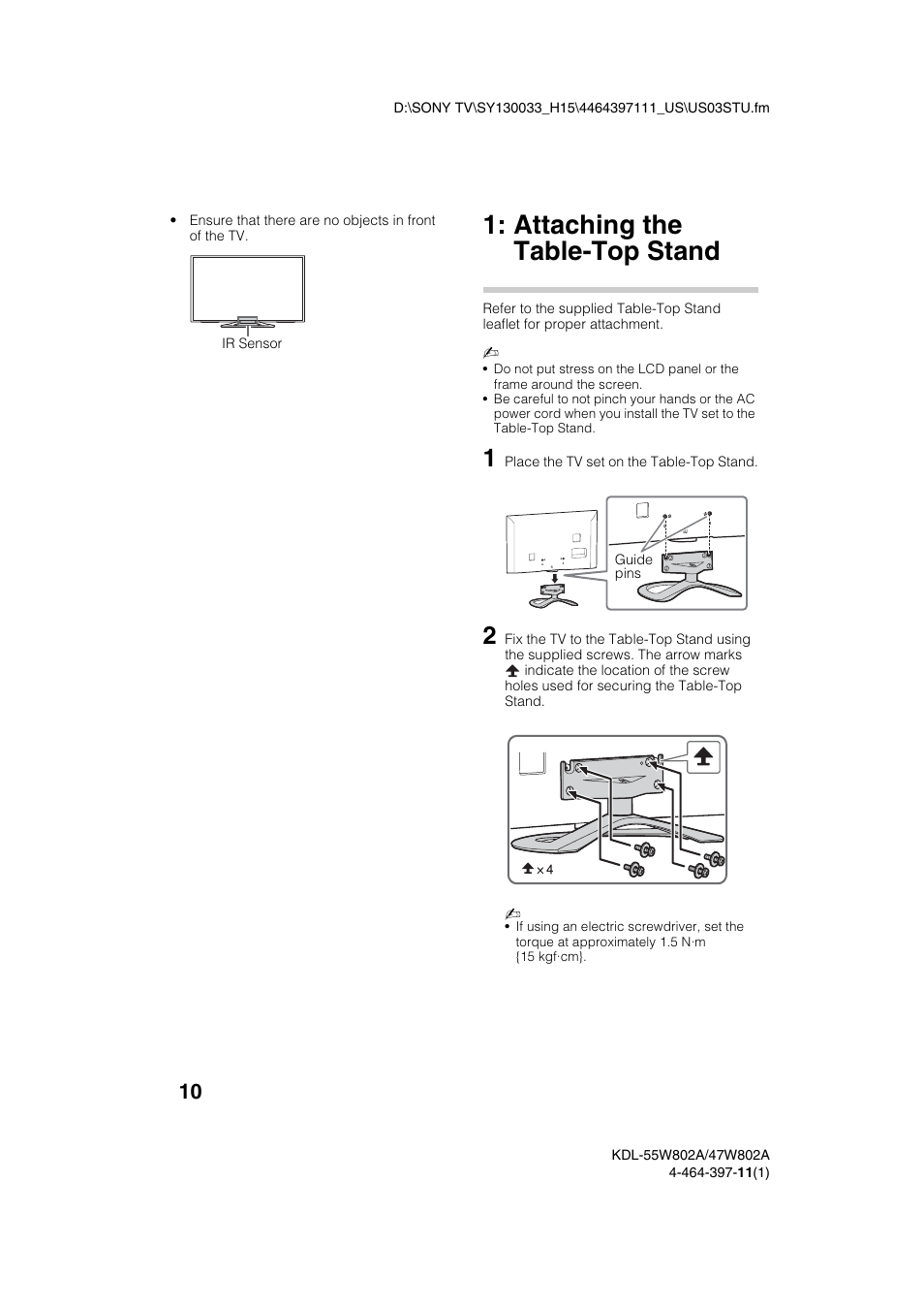 Attaching the table-top stand | Sony KDL-47W802A User Manual | Page 10 / 36