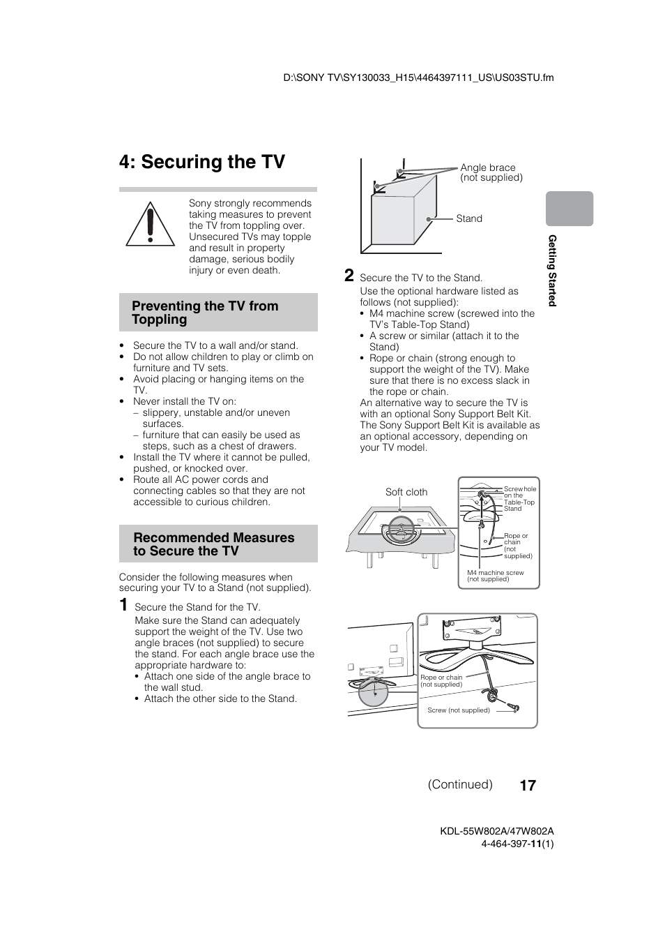 Securing the tv | Sony KDL-47W802A User Manual | Page 17 / 36