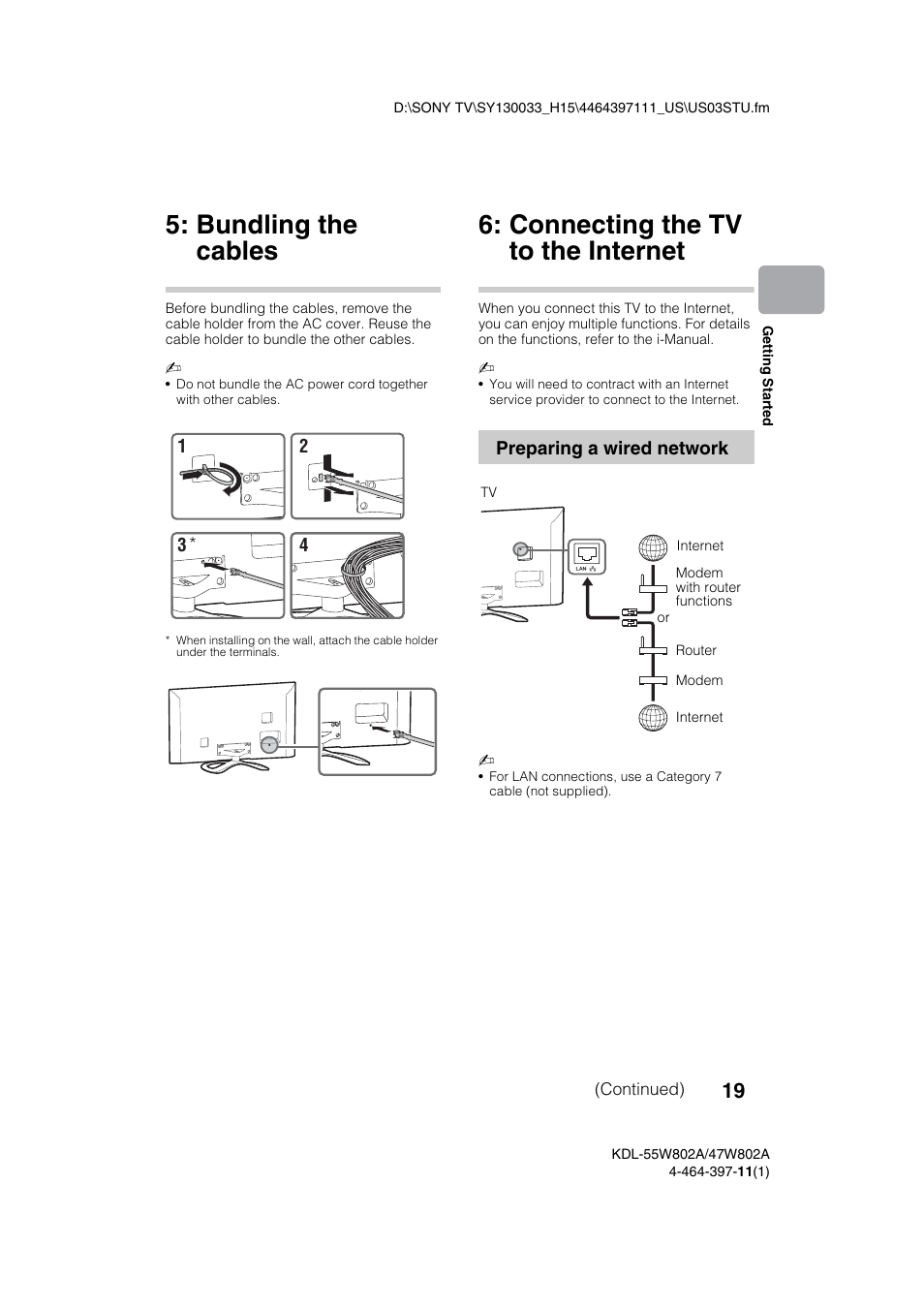 Bundling the cables, Connecting the tv to the internet | Sony KDL-47W802A User Manual | Page 19 / 36