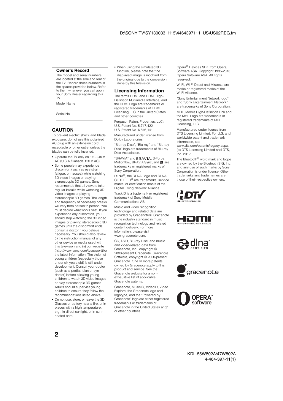 Caution, Licensing information | Sony KDL-47W802A User Manual | Page 2 / 36