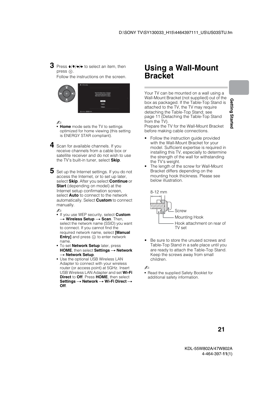 Using a wall-mount bracket | Sony KDL-47W802A User Manual | Page 21 / 36