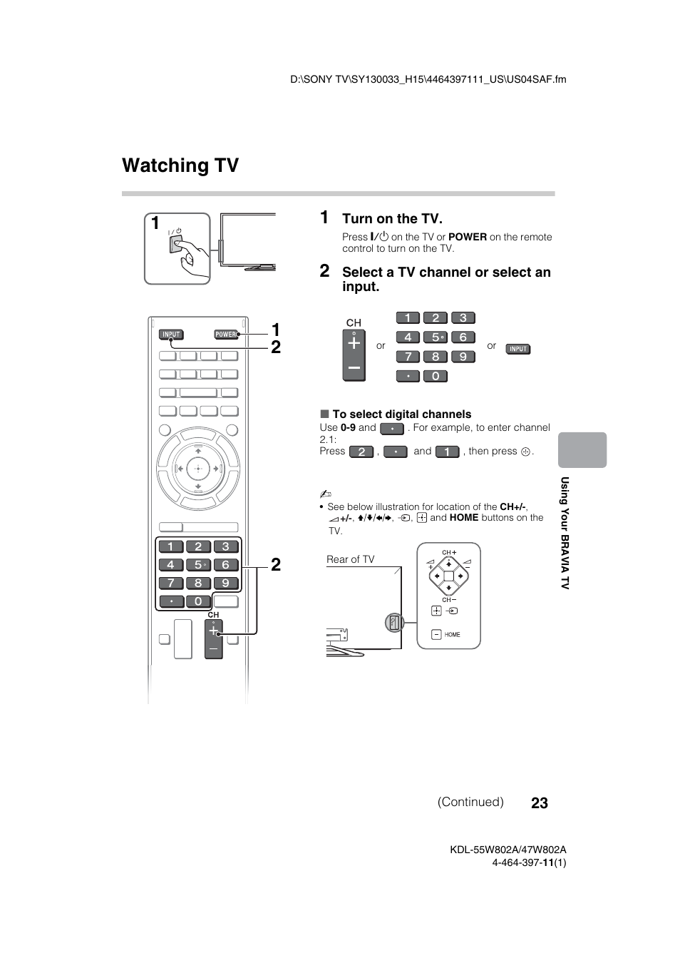 Using your bravia tv, Watching tv | Sony KDL-47W802A User Manual | Page 23 / 36