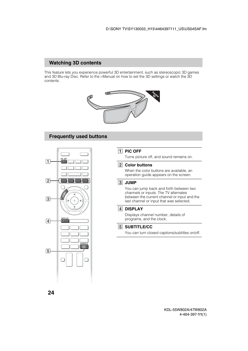 Watching 3d contents frequently used buttons | Sony KDL-47W802A User Manual | Page 24 / 36
