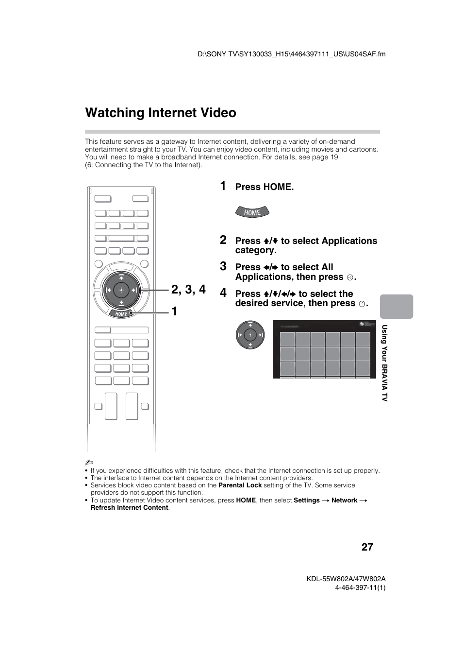 Watching internet video | Sony KDL-47W802A User Manual | Page 27 / 36