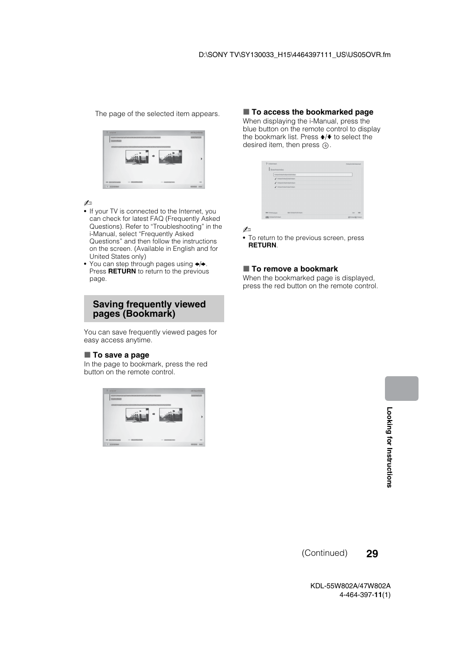 Saving frequently viewed pages (bookmark) | Sony KDL-47W802A User Manual | Page 29 / 36