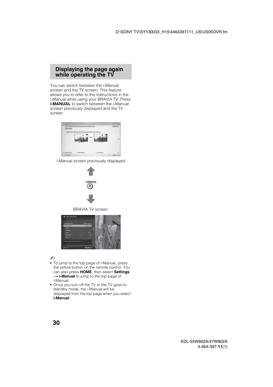 Displaying the page again while operating the tv | Sony KDL-47W802A User Manual | Page 30 / 36