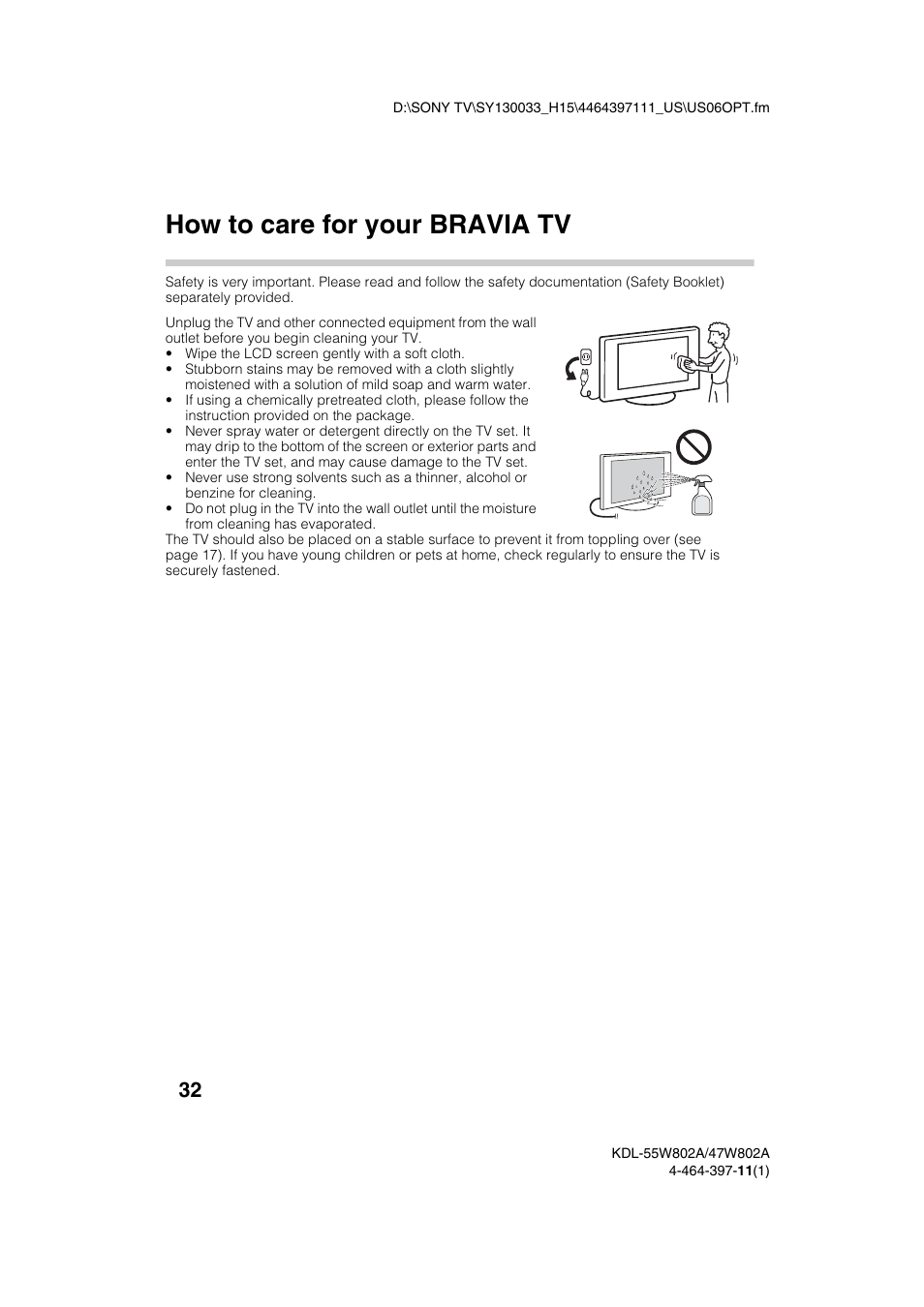 How to care for your bravia tv | Sony KDL-47W802A User Manual | Page 32 / 36