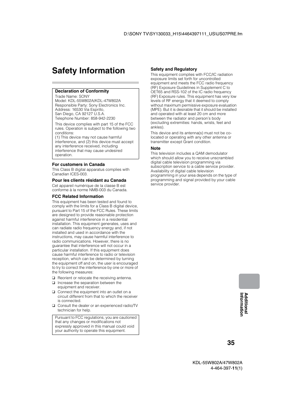 Safety information | Sony KDL-47W802A User Manual | Page 35 / 36
