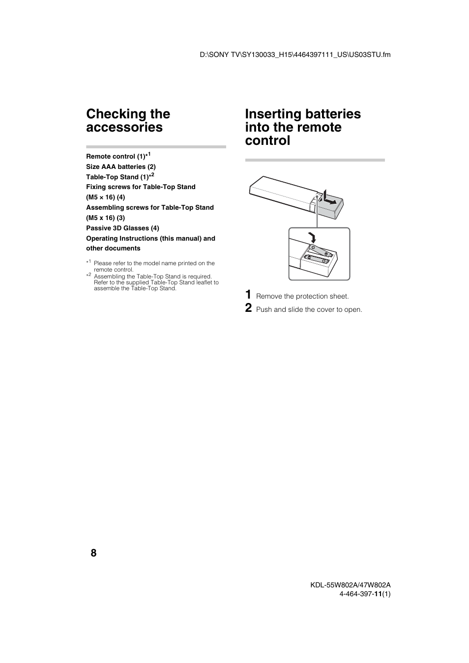 Getting started, Checking the accessories, Inserting batteries into the remote control | Sony KDL-47W802A User Manual | Page 8 / 36