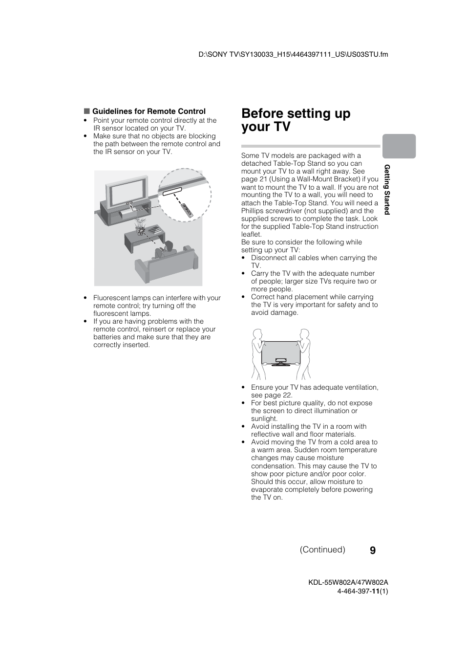 Before setting up your tv | Sony KDL-47W802A User Manual | Page 9 / 36