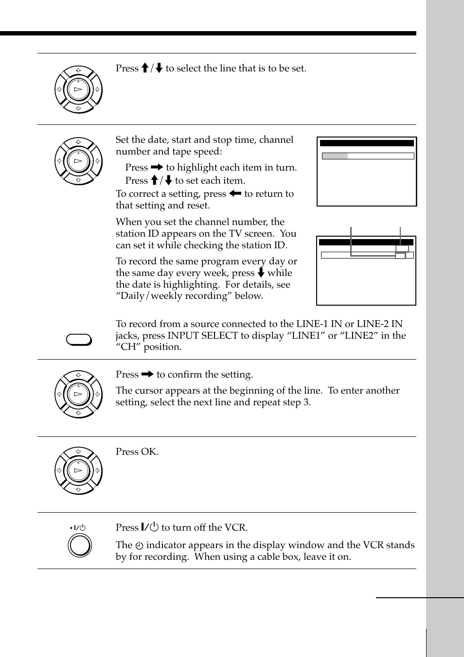 Press m/m to select the line that is to be set, Press ok, Basic operations | Channel number station id, Continued | Sony SLV-M11HF User Manual | Page 17 / 76