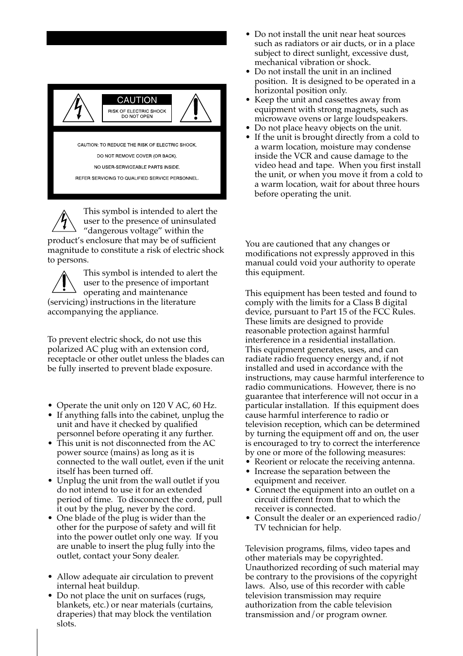 Warning | Sony SLV-M11HF User Manual | Page 2 / 76