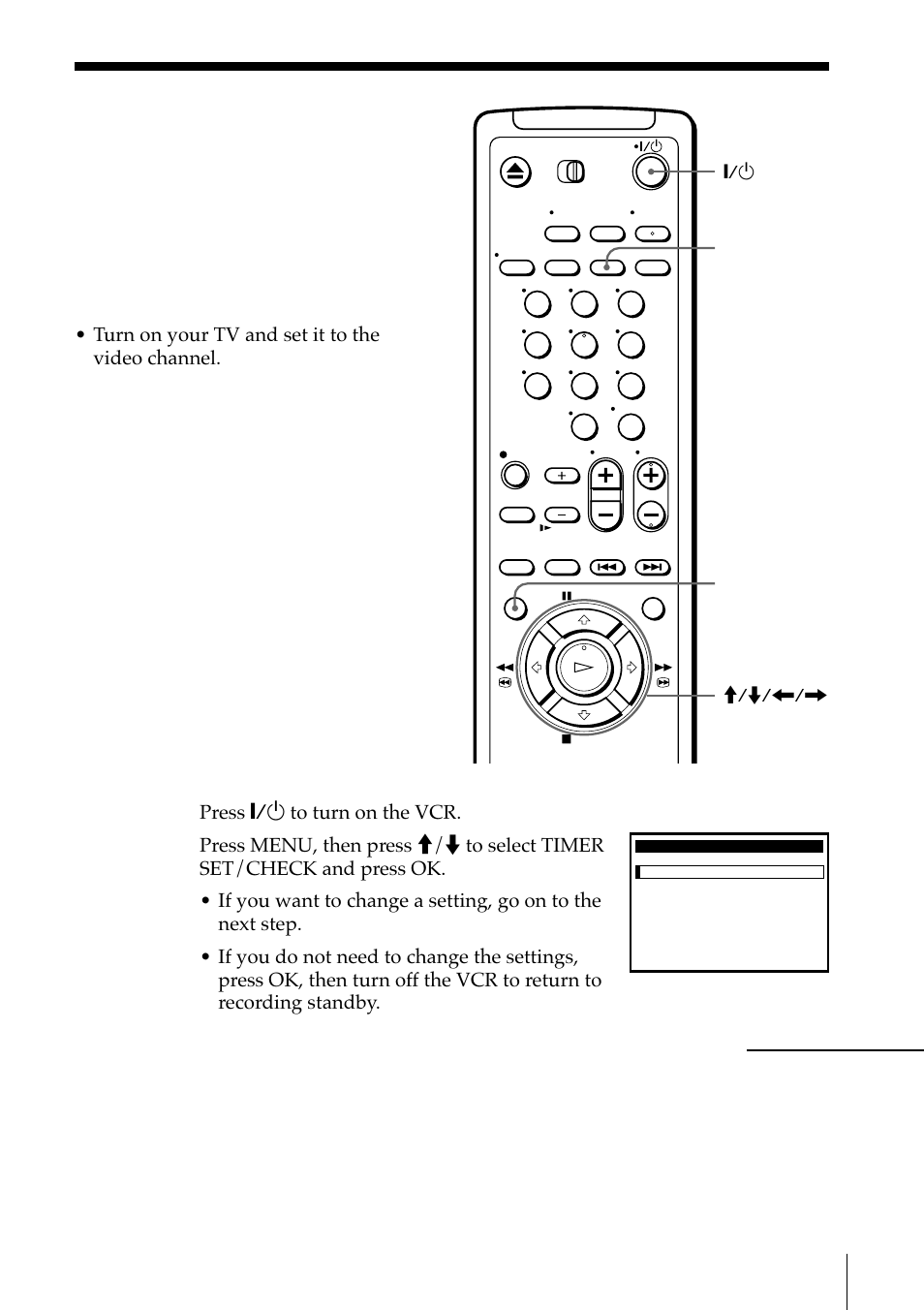 Checking/changing/canceling timer settings, Checking/ changing/ canceling timer settings, Press `/1 to turn on the vcr | Additional operations, Clear menu `/1 | Sony SLV-M11HF User Manual | Page 27 / 76