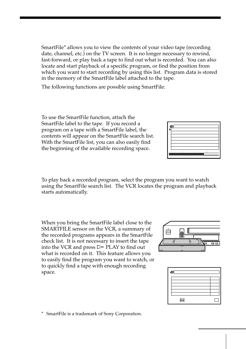 About the smartfile function, Recording using the smartfile function (page 41), Selecting and playing a program (page 50) | Checking the contents of a tape (page 52), Smartfile function, Smartfile search list smartfile check list | Sony SLV-M11HF User Manual | Page 39 / 76