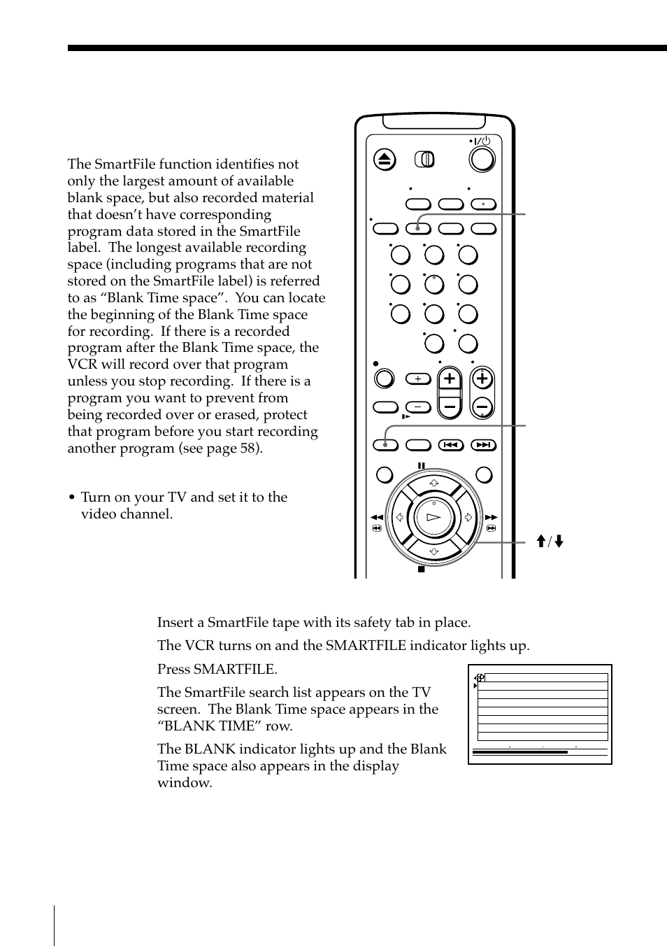 Recording after locating the blank time space, Smartfile function, M/m ok sp/ep | Sony SLV-M11HF User Manual | Page 44 / 76