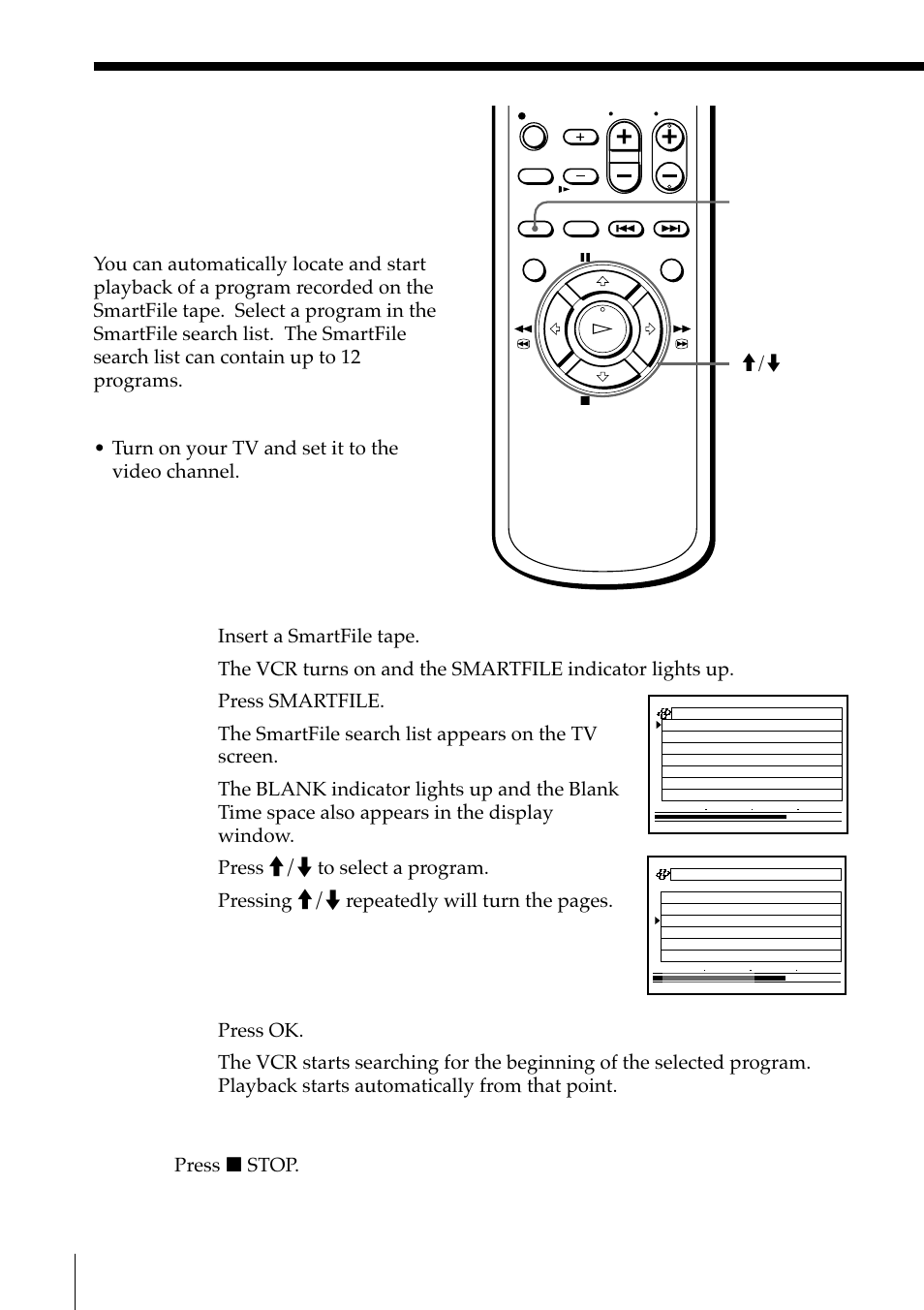 Selecting and playing a program, Smartfile function, Smartfile m/m ok | Sony SLV-M11HF User Manual | Page 50 / 76
