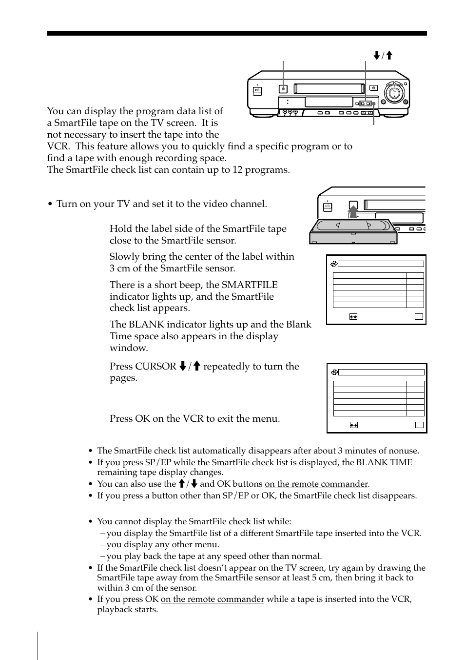 Checking the contents of a tape, Press cursor m/m repeatedly to turn the pages, Press ok on the vcr to exit the menu | Smartfile function | Sony SLV-M11HF User Manual | Page 52 / 76