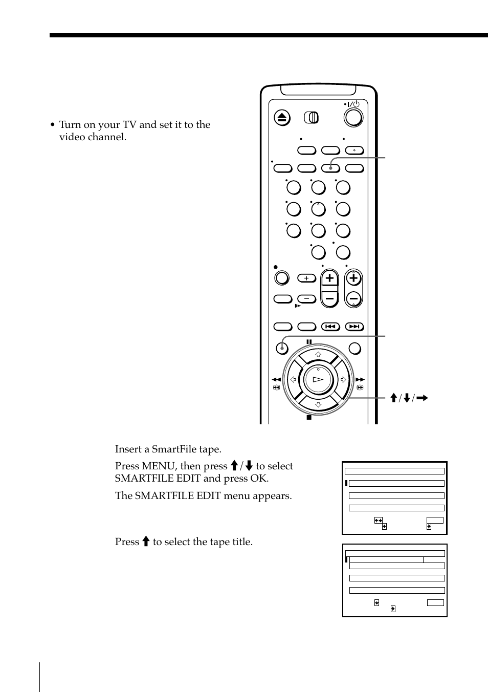Labeling a tape, Insert a smartfile tape, Press m to select the tape title | Smartfile function, M/m/, ok menu, Clear | Sony SLV-M11HF User Manual | Page 56 / 76