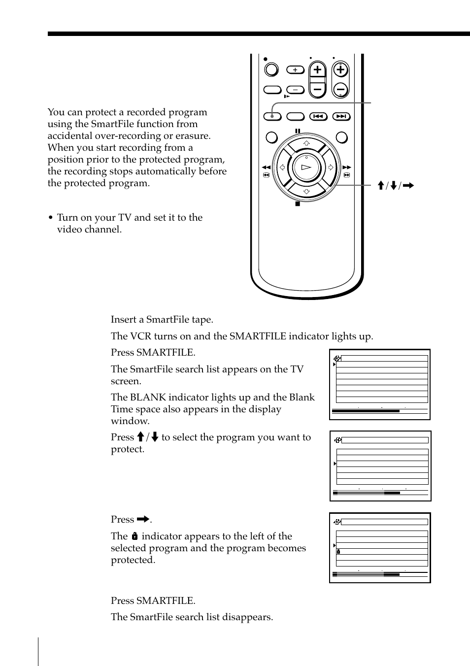 Protecting a recorded program, Smartfile function, Smartfile | Sony SLV-M11HF User Manual | Page 58 / 76