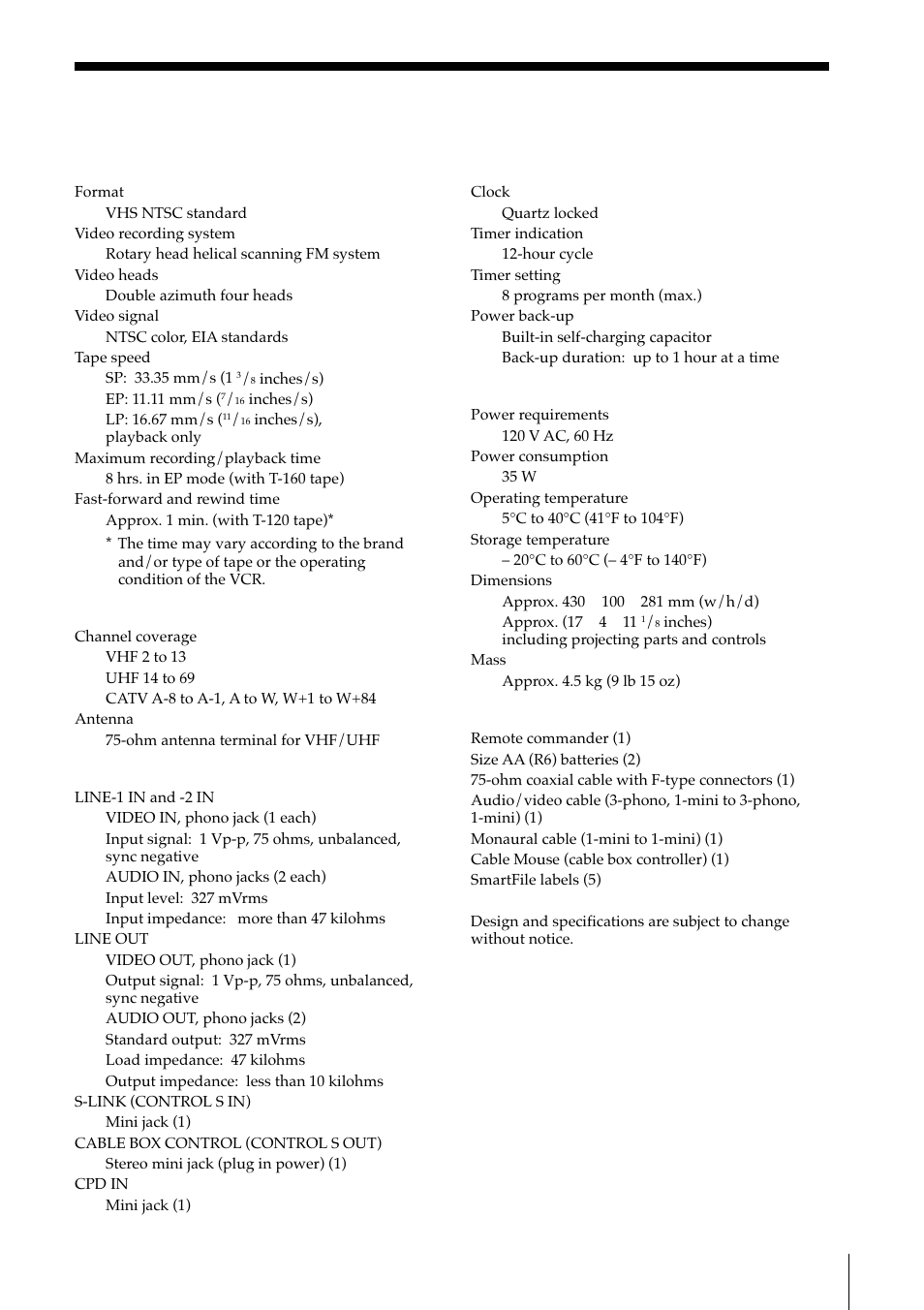 Specifications, General, Supplied accessories | System, Inputs and outputs | Sony SLV-M11HF User Manual | Page 69 / 76