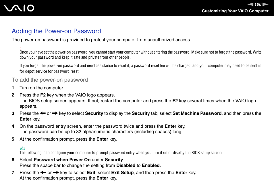 Adding the power-on password | Sony VGX-TP20EB User Manual | Page 100 / 175
