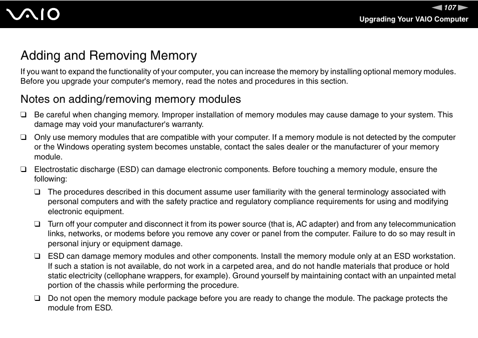 Adding and removing memory | Sony VGX-TP20EB User Manual | Page 107 / 175