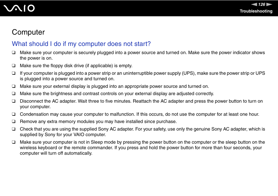 Computer, What should i do if my computer does not start | Sony VGX-TP20EB User Manual | Page 126 / 175