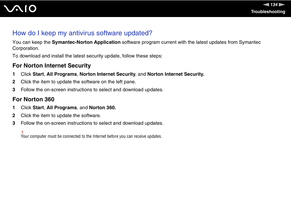 How do i keep my antivirus software updated, For norton internet security, For norton 360 | Sony VGX-TP20EB User Manual | Page 134 / 175