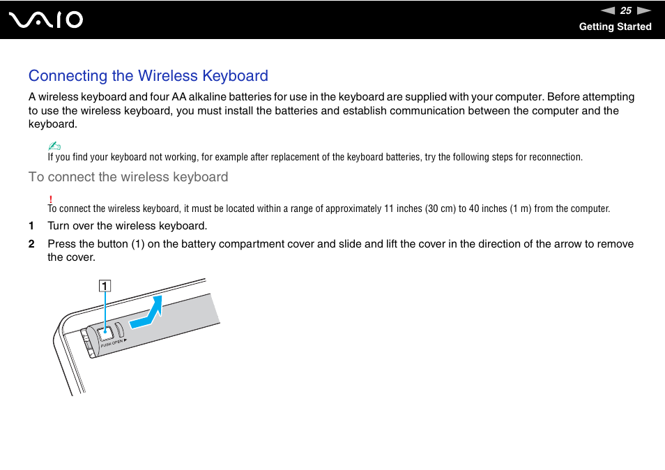 Connecting the wireless keyboard | Sony VGX-TP20EB User Manual | Page 25 / 175