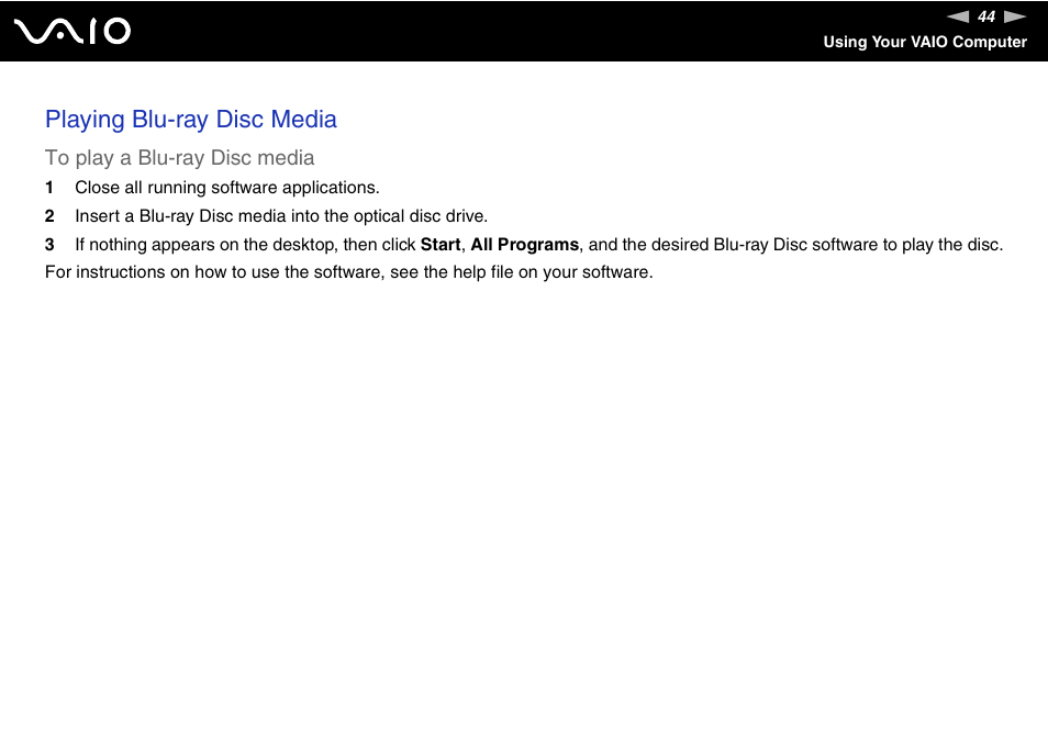 Playing blu-ray disc media | Sony VGX-TP20EB User Manual | Page 44 / 175