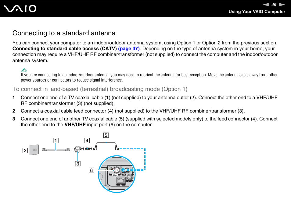 Connecting to a standard antenna | Sony VGX-TP20EB User Manual | Page 49 / 175