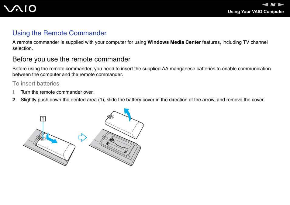 Using the remote commander, Before you use the remote commander | Sony VGX-TP20EB User Manual | Page 55 / 175