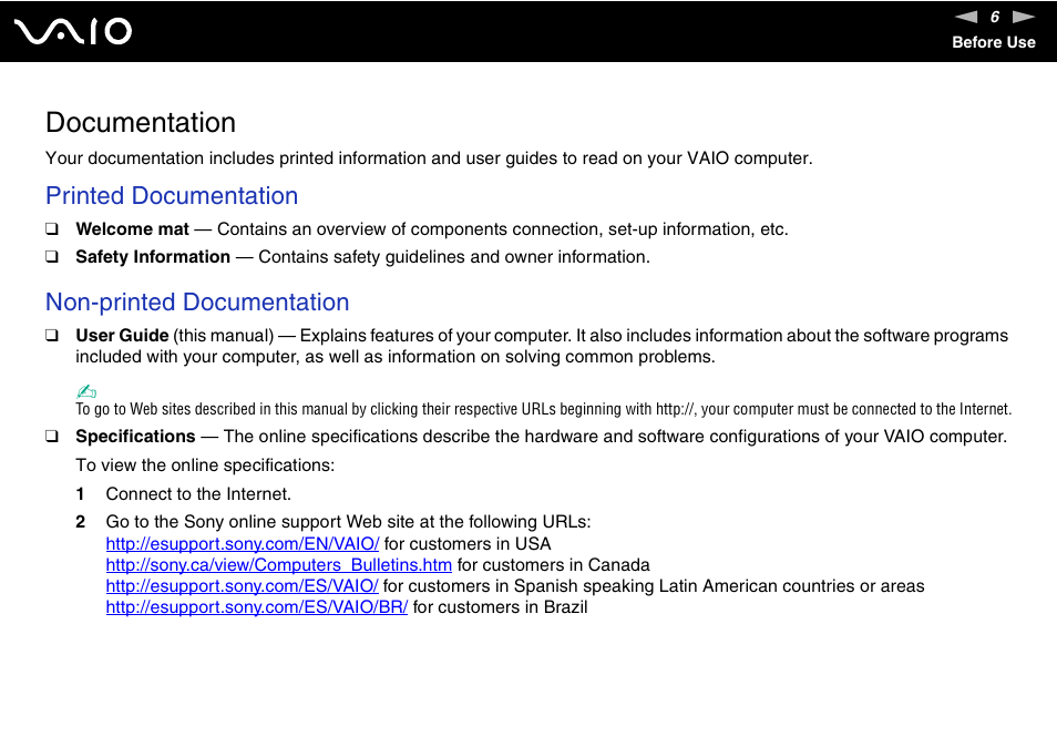 Documentation, Printed documentation, Non-printed documentation | Sony VGX-TP20EB User Manual | Page 6 / 175