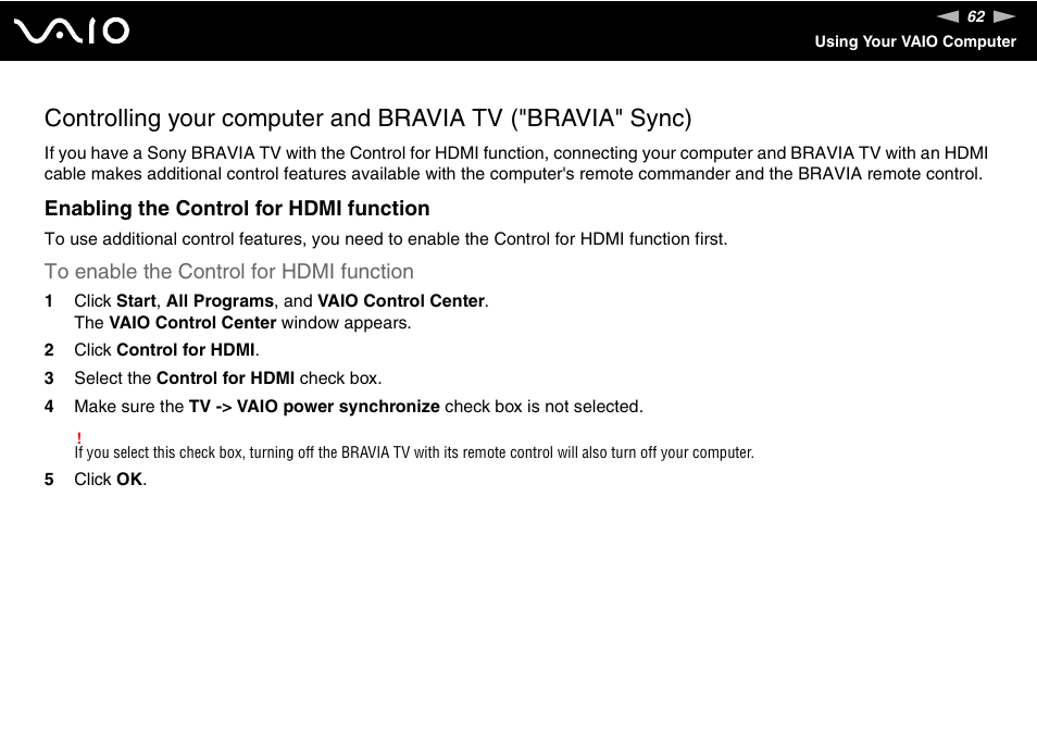 Enabling the control for hdmi function | Sony VGX-TP20EB User Manual | Page 62 / 175