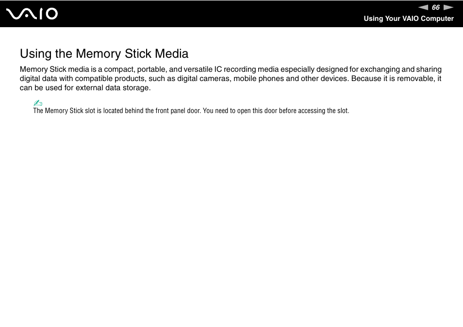 Using the memory stick media | Sony VGX-TP20EB User Manual | Page 66 / 175