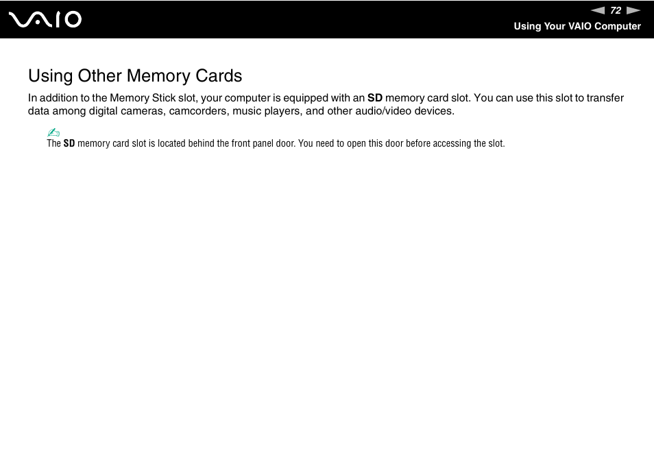 Using other memory cards | Sony VGX-TP20EB User Manual | Page 72 / 175