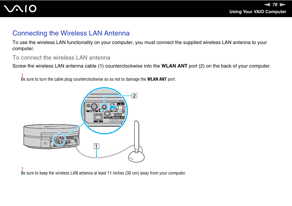Connecting the wireless lan antenna | Sony VGX-TP20EB User Manual | Page 79 / 175
