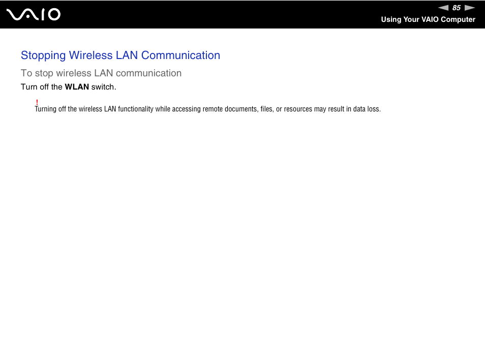 Stopping wireless lan communication | Sony VGX-TP20EB User Manual | Page 85 / 175