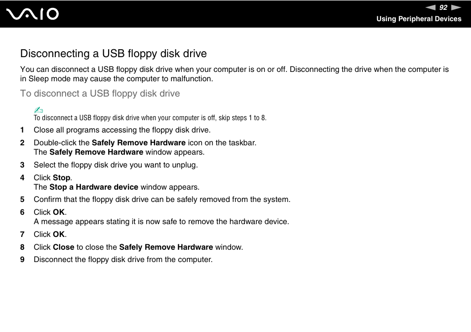 Disconnecting a usb floppy disk drive | Sony VGX-TP20EB User Manual | Page 92 / 175