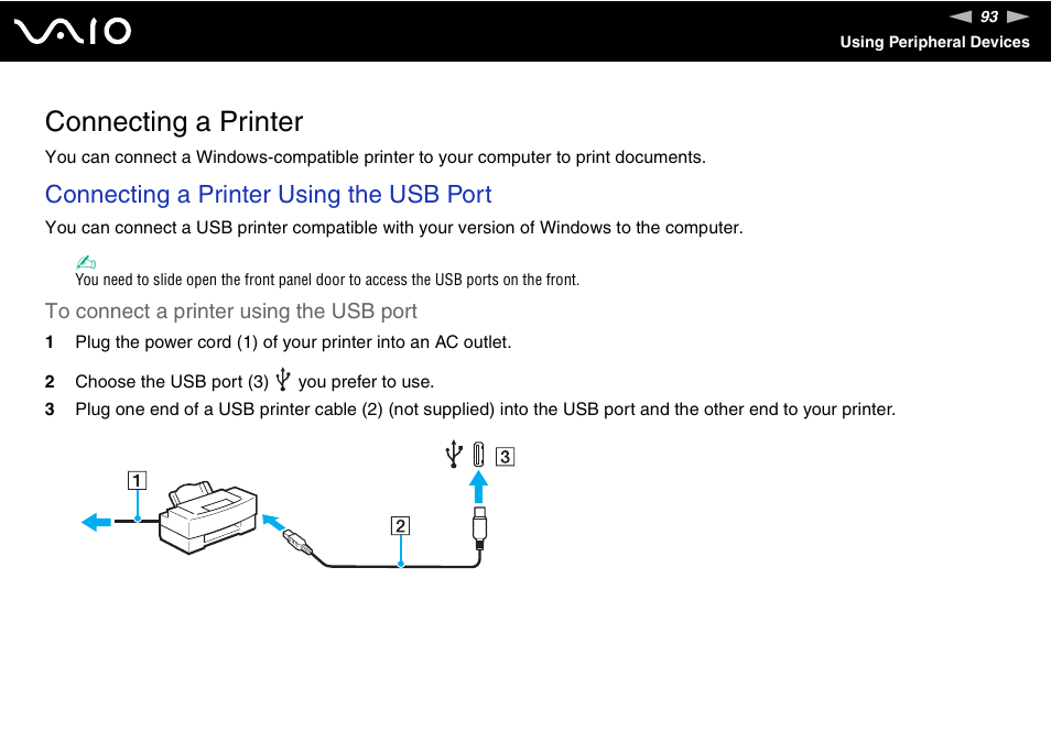 Connecting a printer, Connecting a printer using the usb port | Sony VGX-TP20EB User Manual | Page 93 / 175