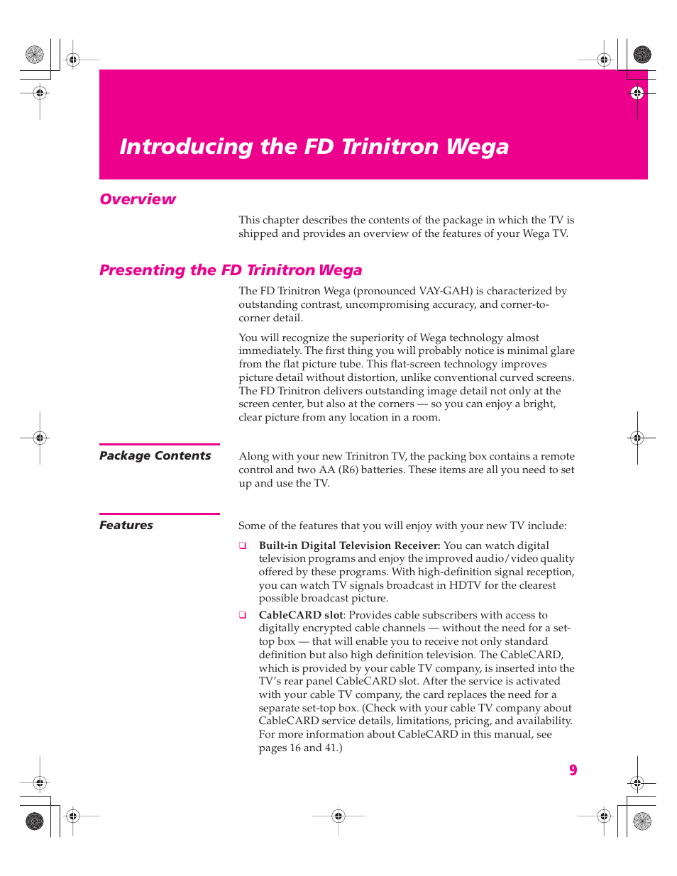 Introducing the fd trinitron wega, Overview, Presenting the fd trinitron wega | Package contents, Features, Overview presenting the fd trinitron wega, Package contents features, Presenting the fd trinitron, Wega | Sony KD-32XS945 User Manual | Page 10 / 107