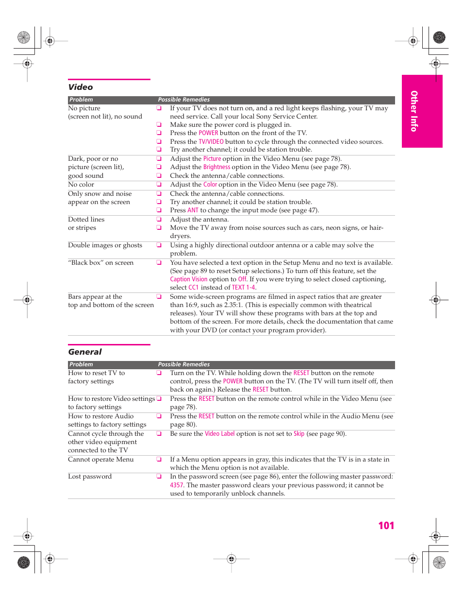 Video, General | Sony KD-32XS945 User Manual | Page 102 / 107