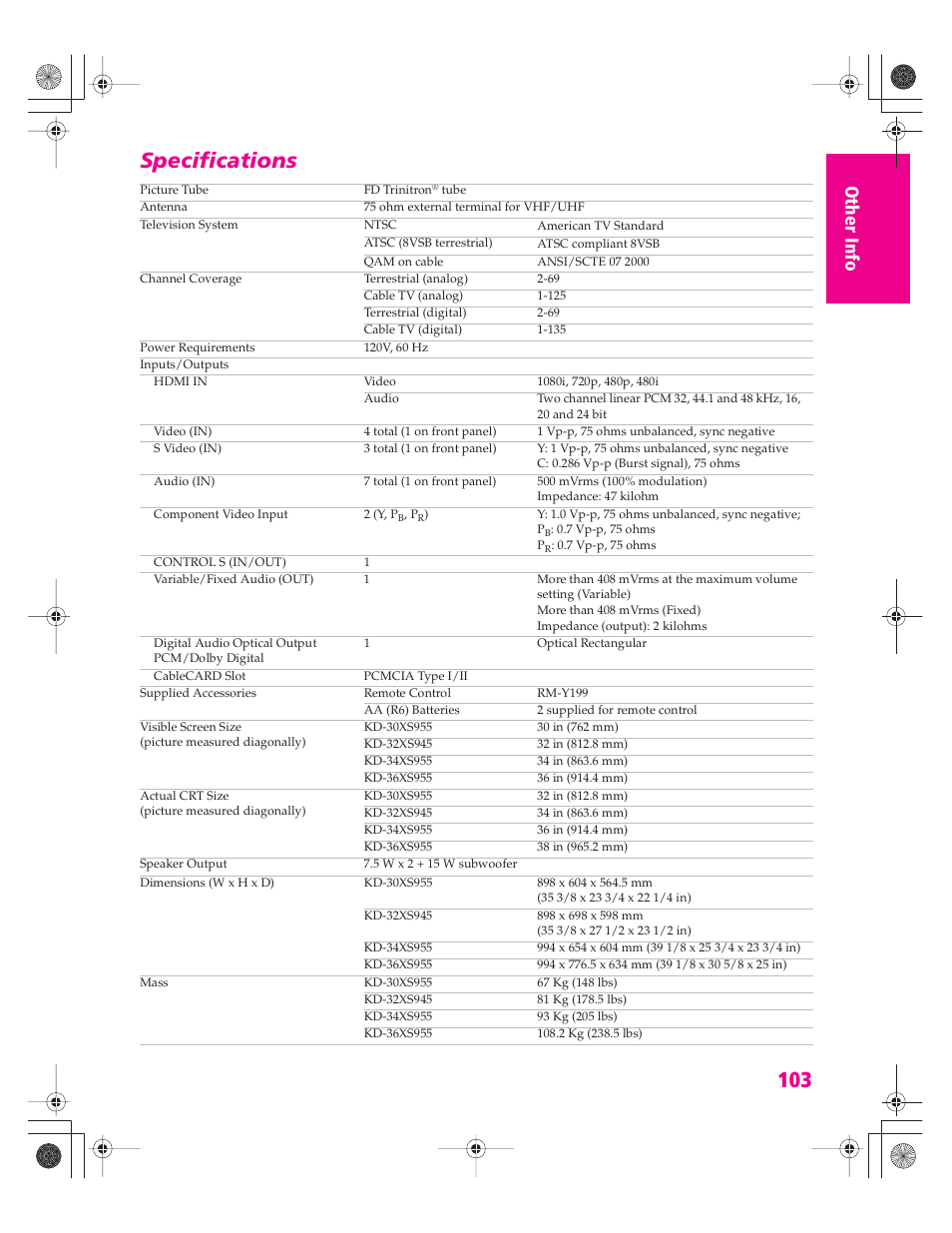 Specifications | Sony KD-32XS945 User Manual | Page 104 / 107