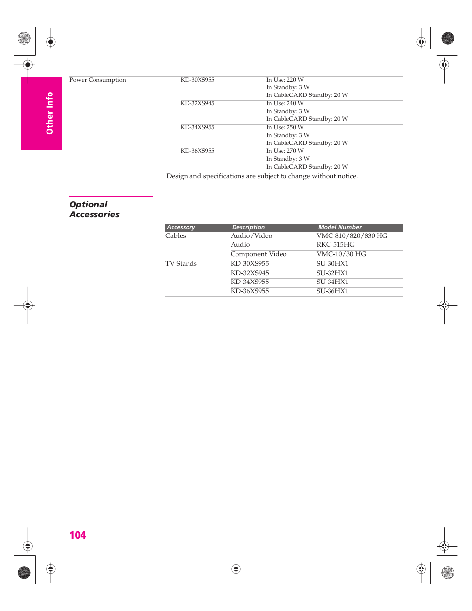 Optional accessories | Sony KD-32XS945 User Manual | Page 105 / 107